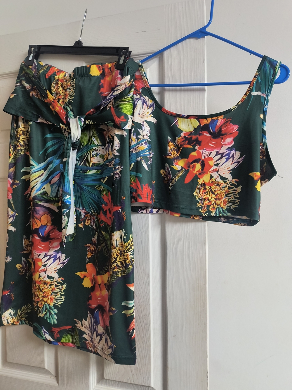 SHEIN Tropical Floral Crop Top & Tie-Waist Skirt Matching Set